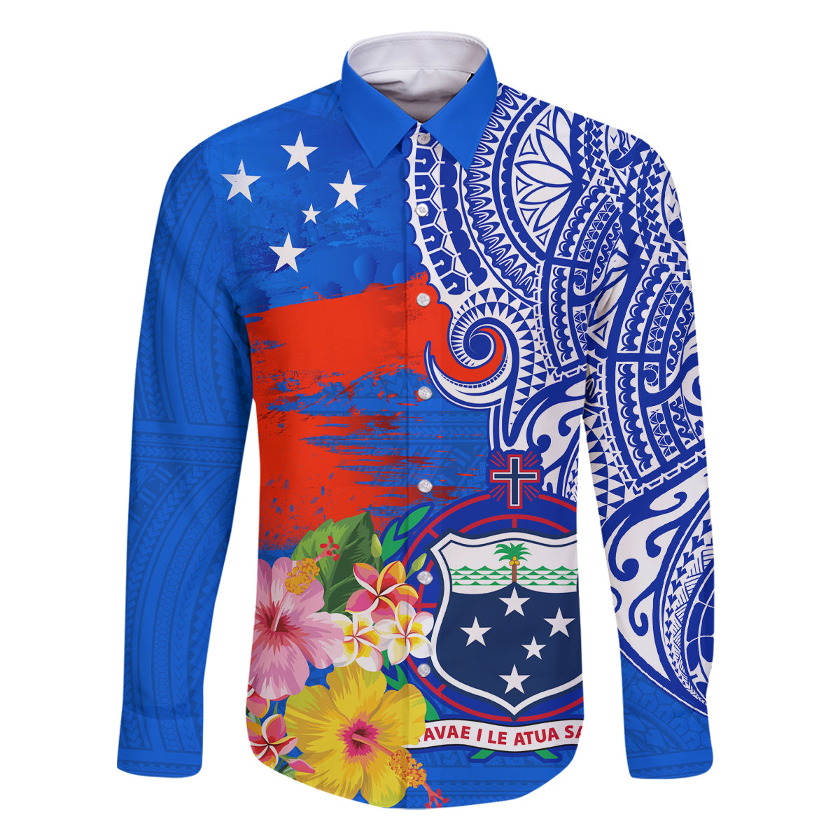 Personalised Samoa Coat Of Arms Family Matching Mermaid Dress and Hawaiian Shirt Hibiscus Polynesian Tattoo Pattern LT03 Dad's Shirt - Long Sleeve Blue - Polynesian Pride