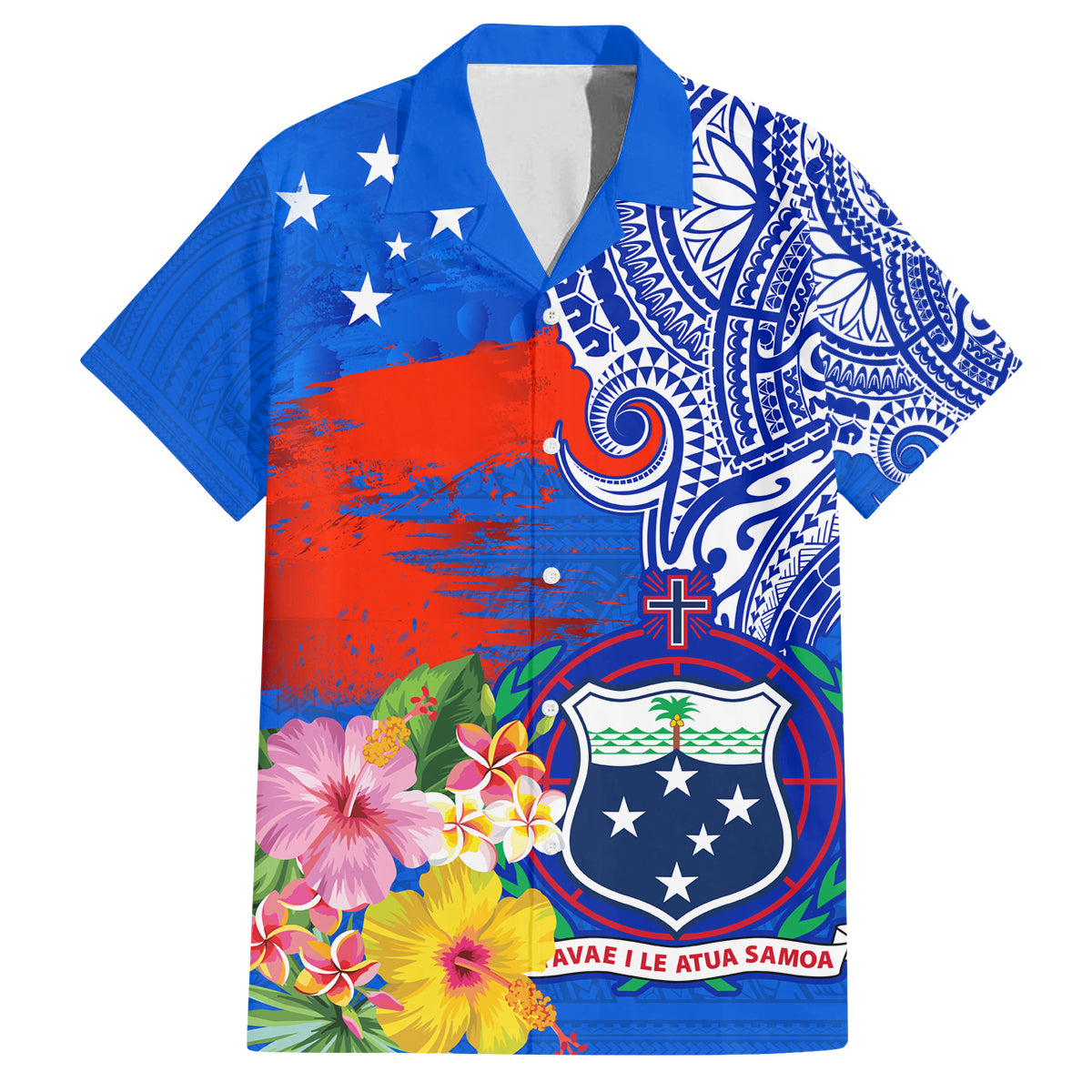Personalised Samoa Coat Of Arms Family Matching Off Shoulder Long Sleeve Dress and Hawaiian Shirt Hibiscus Polynesian Tattoo Pattern LT03 Dad's Shirt - Short Sleeve Blue - Polynesian Pride