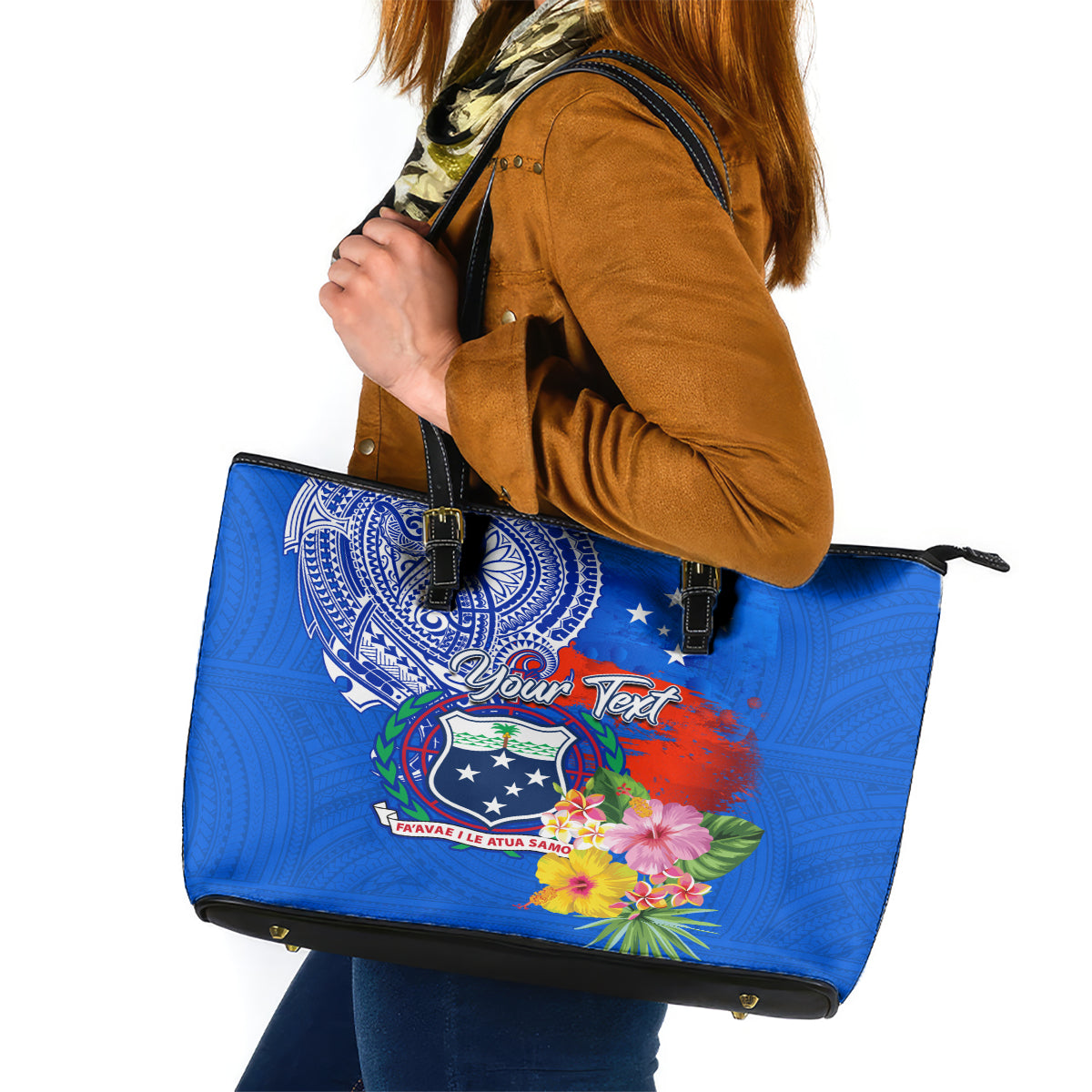 Personalised Samoa Coat Of Arms Leather Tote Bag Hibiscus Polynesian Tattoo Pattern LT03 Blue - Polynesian Pride