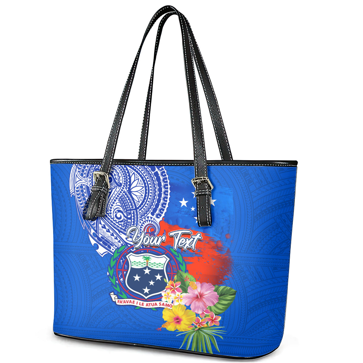 Personalised Samoa Coat Of Arms Leather Tote Bag Hibiscus Polynesian Tattoo Pattern LT03 - Polynesian Pride