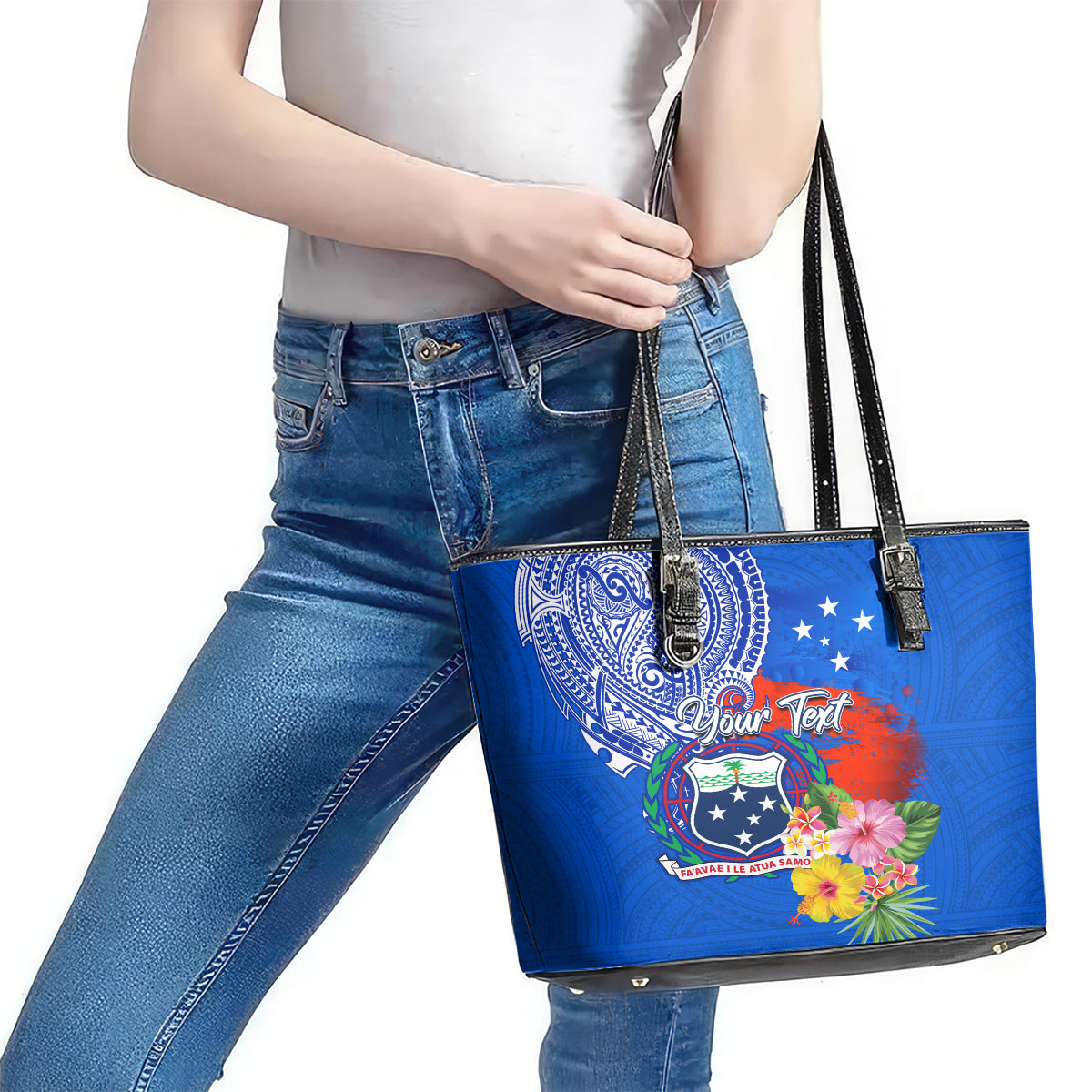 Personalised Samoa Coat Of Arms Leather Tote Bag Hibiscus Polynesian Tattoo Pattern LT03 - Polynesian Pride
