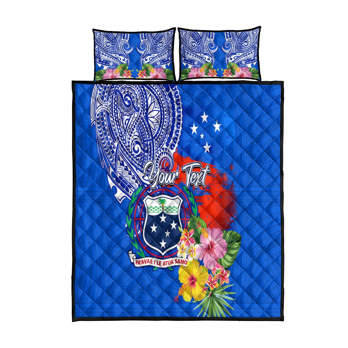 Personalised Samoa Coat Of Arms Quilt Bed Set Hibiscus Polynesian Tattoo Pattern LT03 Blue - Polynesian Pride