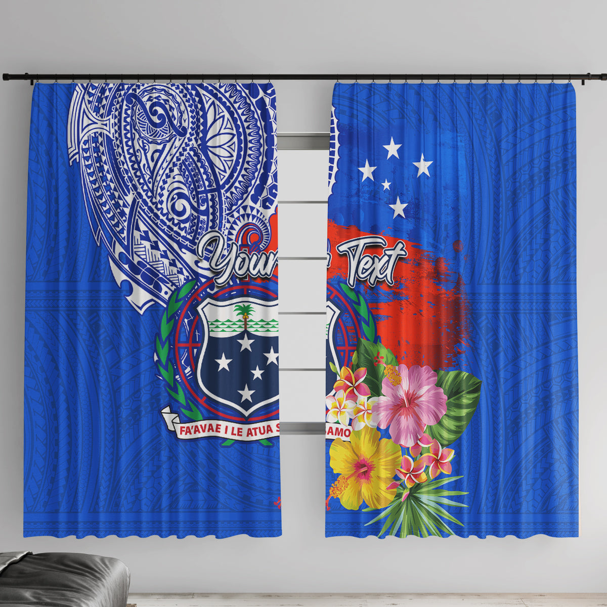 Personalised Samoa Coat Of Arms Window Curtain Hibiscus Polynesian Tattoo Pattern LT03 With Hooks Blue - Polynesian Pride