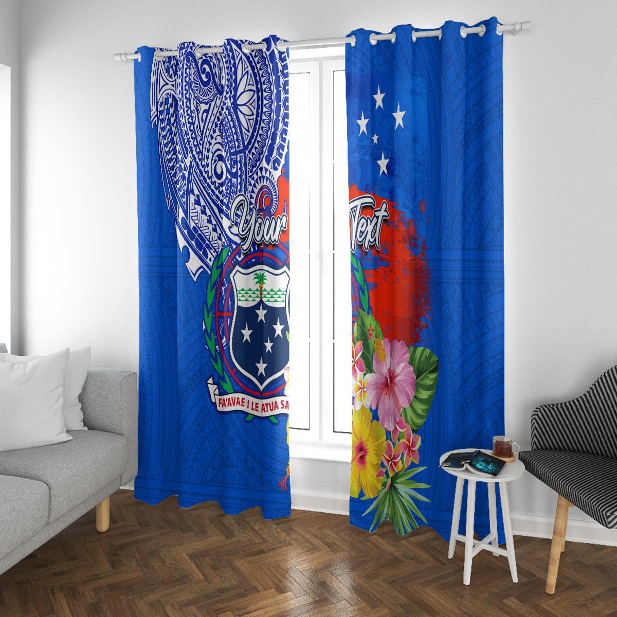 Personalised Samoa Coat Of Arms Window Curtain Hibiscus Polynesian Tattoo Pattern LT03 With Grommets Blue - Polynesian Pride