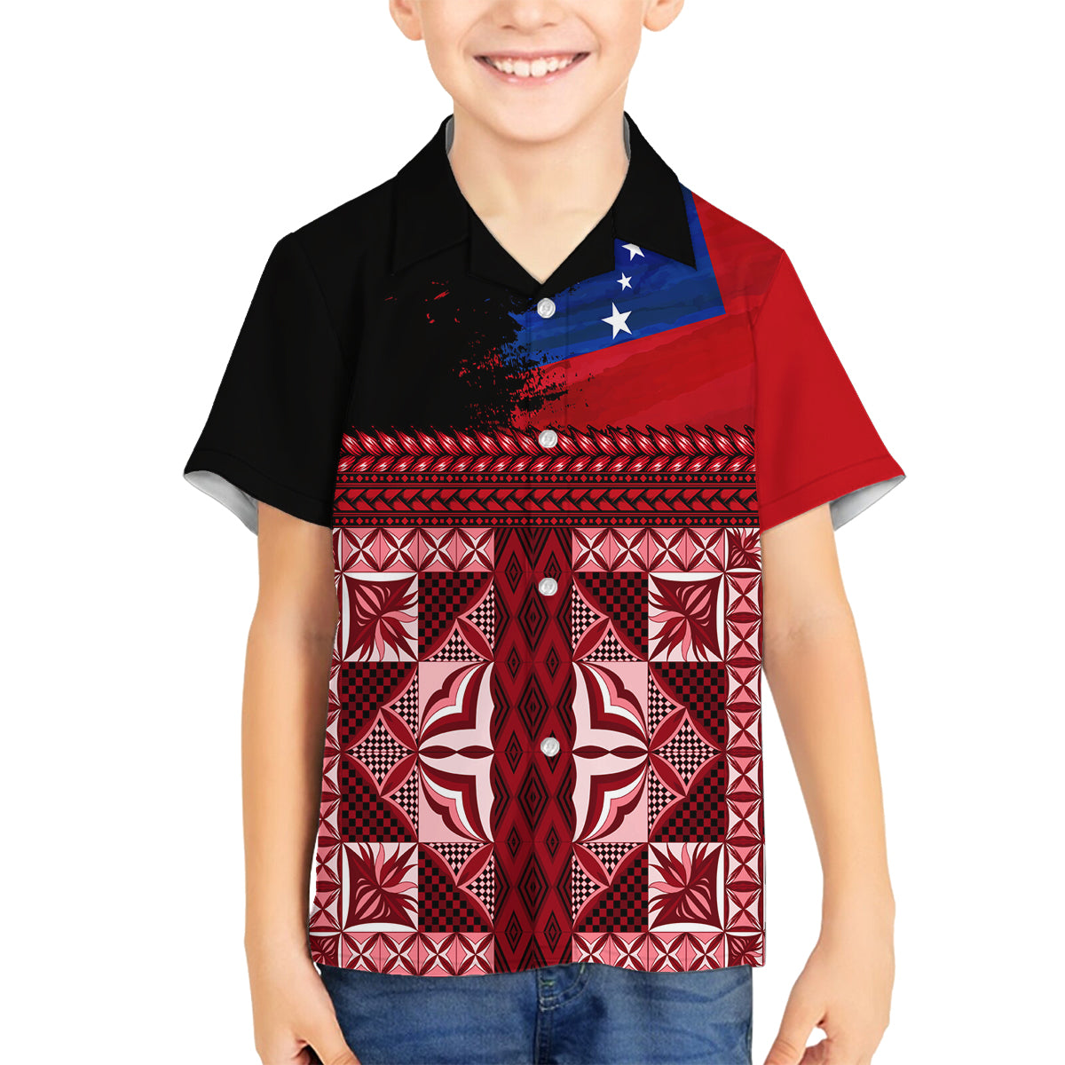 Samoa Flag Day Family Matching Off Shoulder Long Sleeve Dress and Hawaiian Shirt Siapo Pattern and Ula Fala LT03 Son's Shirt Red - Polynesian Pride