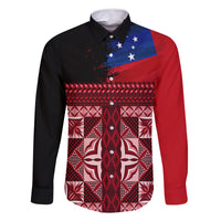 Samoa Flag Day Family Matching Off Shoulder Maxi Dress and Hawaiian Shirt Siapo Pattern and Ula Fala LT03 Dad's Shirt - Long Sleeve Red - Polynesian Pride