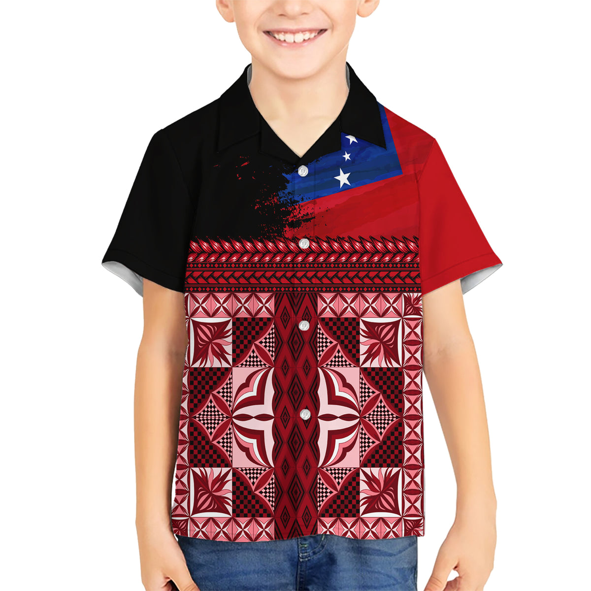 Samoa Flag Day Family Matching Short Sleeve Bodycon Dress and Hawaiian Shirt Siapo Pattern and Ula Fala LT03 Son's Shirt Red - Polynesian Pride