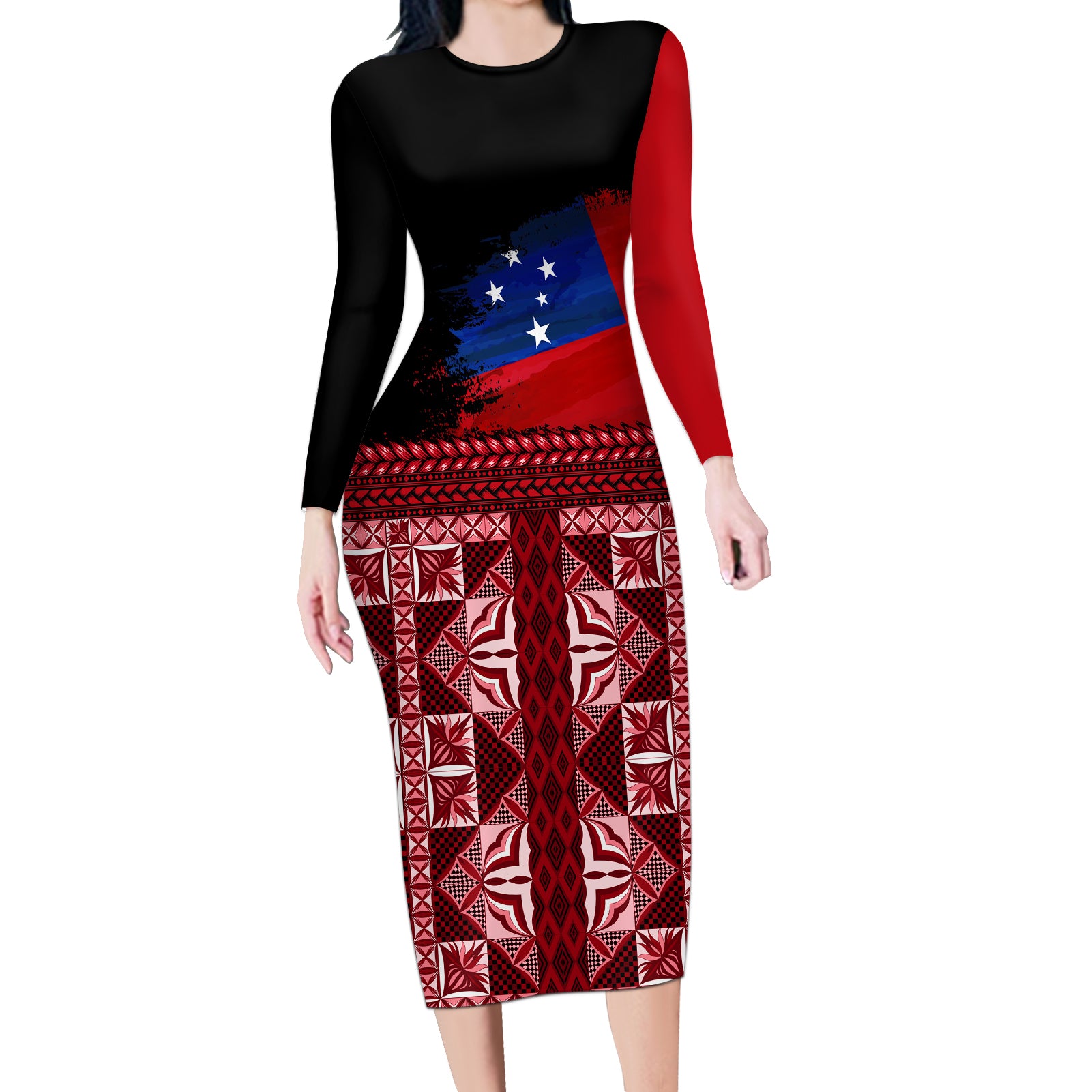 Samoa Flag Day Long Sleeve Bodycon Dress Siapo Pattern and Ula Fala LT03 Long Dress Red - Polynesian Pride