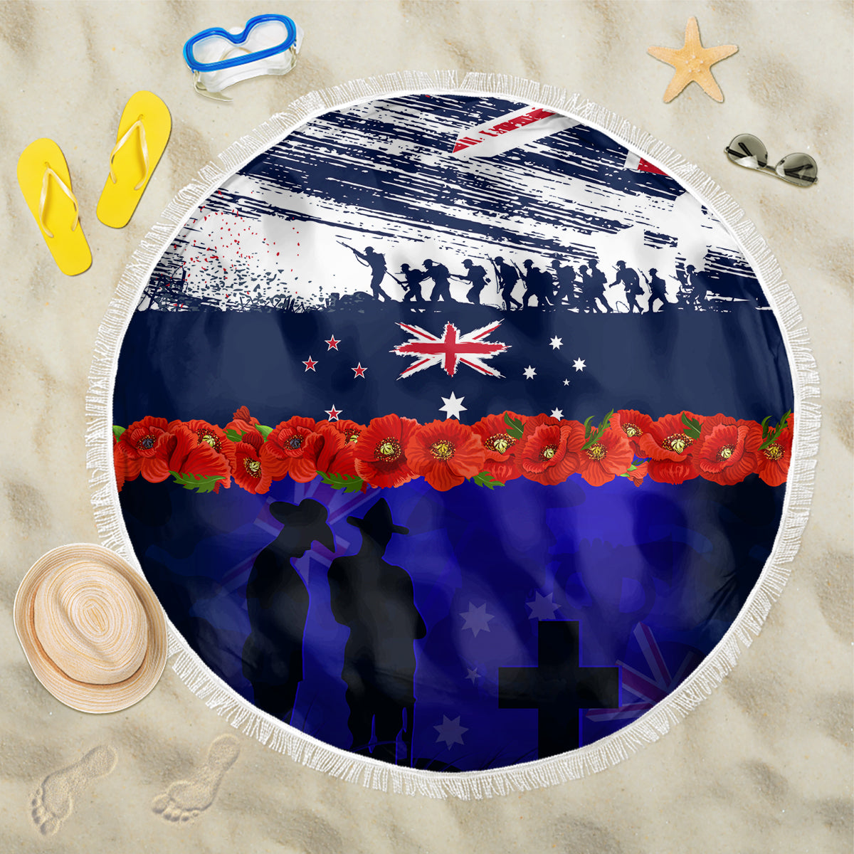 New Zealand and Australia ANZAC Day Beach Blanket Lest We Forget Red Poppy Flowers and Soldier LT03 One Size 150cm Blue - Polynesian Pride