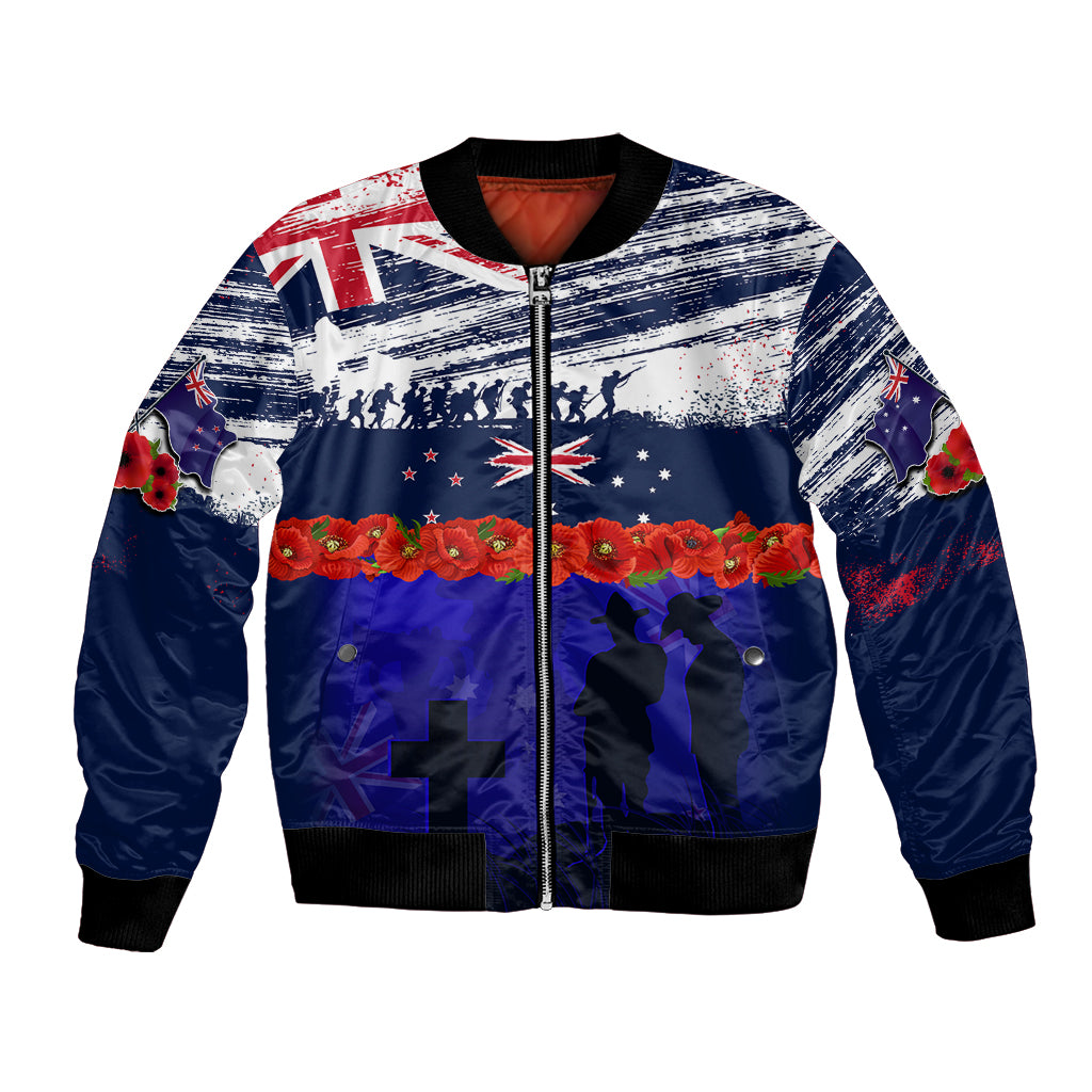 New Zealand and Australia ANZAC Day Bomber Jacket Lest We Forget Red Poppy Flowers and Soldier LT03 Unisex Blue - Polynesian Pride