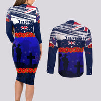 New Zealand and Australia ANZAC Day Couples Matching Long Sleeve Bodycon Dress and Long Sleeve Button Shirt Lest We Forget Red Poppy Flowers and Soldier LT03 - Polynesian Pride