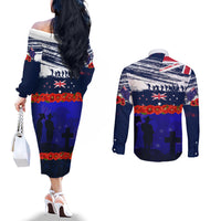 New Zealand and Australia ANZAC Day Couples Matching Off The Shoulder Long Sleeve Dress and Long Sleeve Button Shirt Lest We Forget Red Poppy Flowers and Soldier LT03 - Polynesian Pride