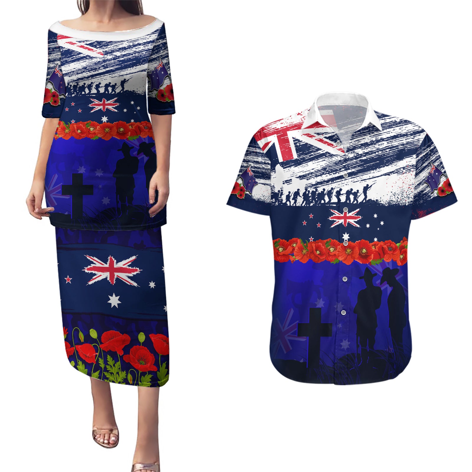 New Zealand and Australia ANZAC Day Couples Matching Puletasi and Hawaiian Shirt Lest We Forget Red Poppy Flowers and Soldier LT03 Blue - Polynesian Pride
