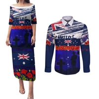 New Zealand and Australia ANZAC Day Couples Matching Puletasi and Long Sleeve Button Shirt Lest We Forget Red Poppy Flowers and Soldier LT03 Blue - Polynesian Pride