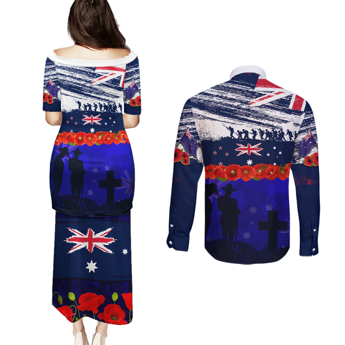 New Zealand and Australia ANZAC Day Couples Matching Puletasi and Long Sleeve Button Shirt Lest We Forget Red Poppy Flowers and Soldier LT03 - Polynesian Pride