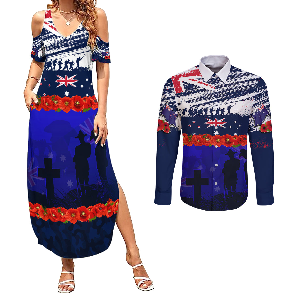 New Zealand and Australia ANZAC Day Couples Matching Summer Maxi Dress and Long Sleeve Button Shirt Lest We Forget Red Poppy Flowers and Soldier LT03 Blue - Polynesian Pride