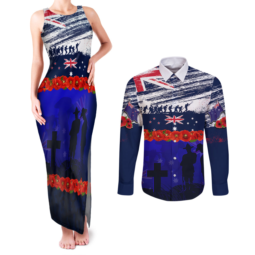 New Zealand and Australia ANZAC Day Couples Matching Tank Maxi Dress and Long Sleeve Button Shirt Lest We Forget Red Poppy Flowers and Soldier LT03 Blue - Polynesian Pride