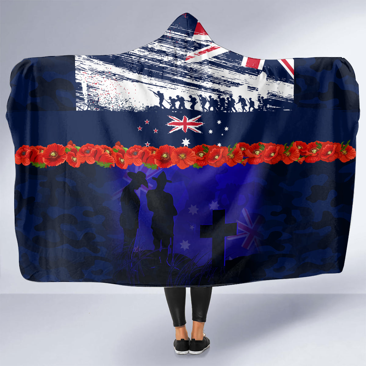 New Zealand and Australia ANZAC Day Hooded Blanket Lest We Forget Red Poppy Flowers and Soldier LT03 - Polynesian Pride