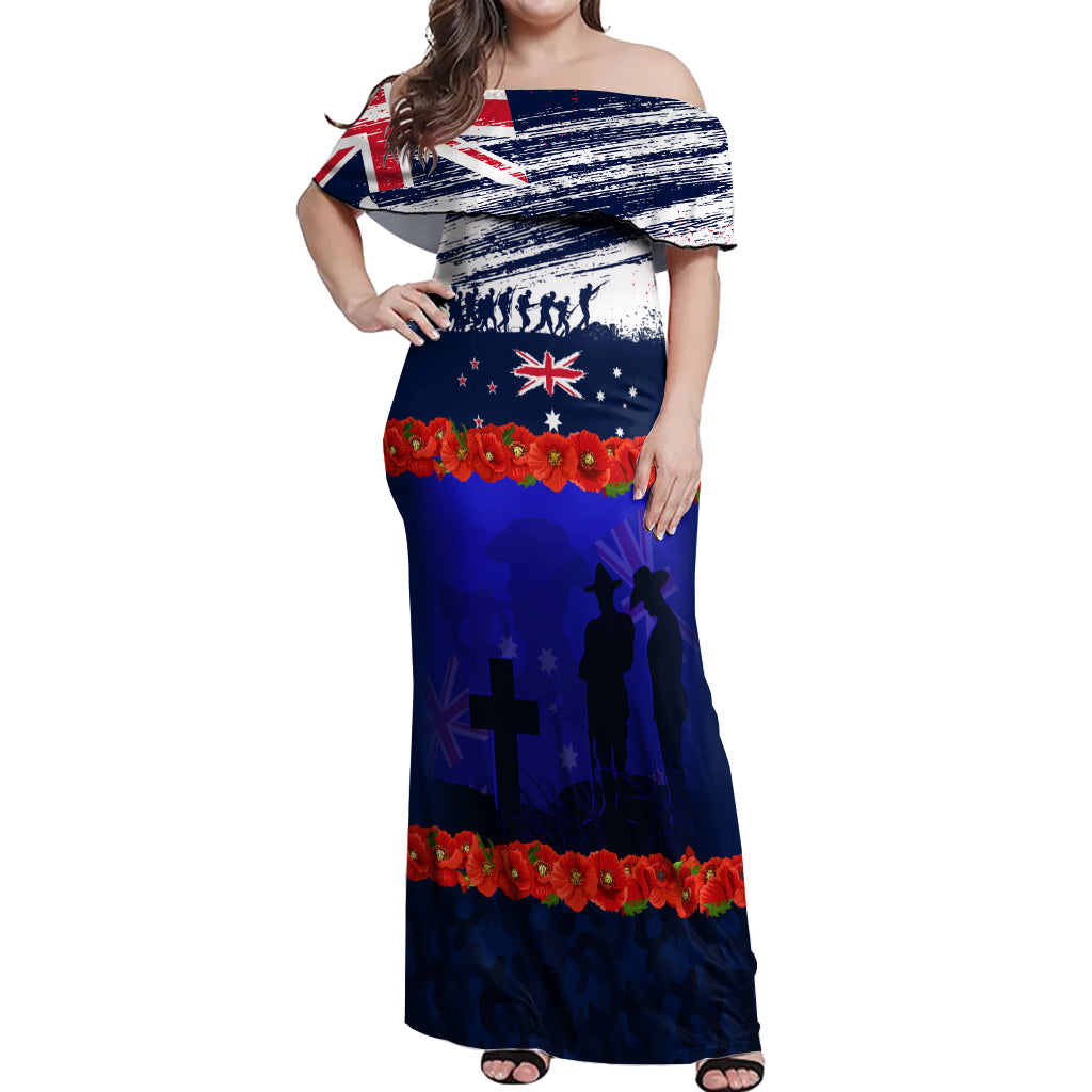 New Zealand and Australia ANZAC Day Off Shoulder Maxi Dress Lest We Forget Red Poppy Flowers and Soldier LT03 Women Blue - Polynesian Pride