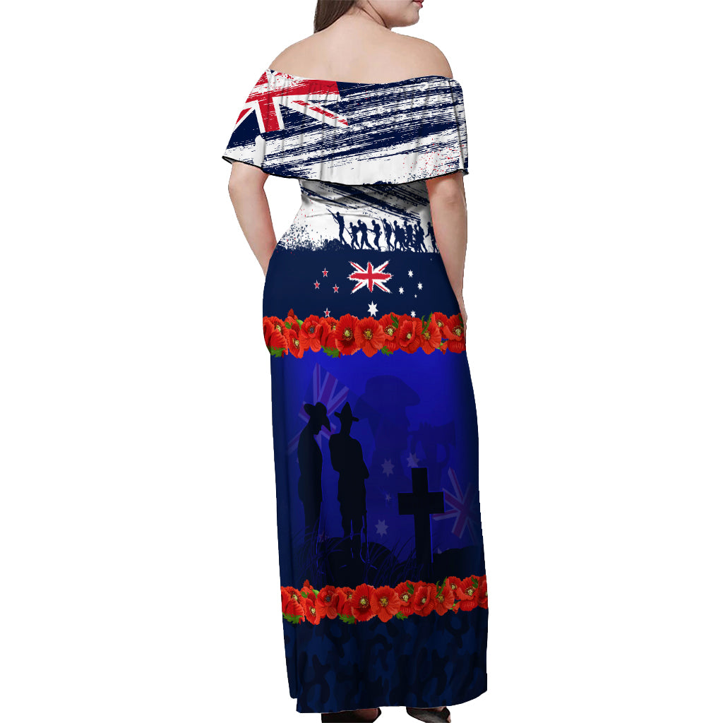 New Zealand and Australia ANZAC Day Off Shoulder Maxi Dress Lest We Forget Red Poppy Flowers and Soldier LT03 - Polynesian Pride