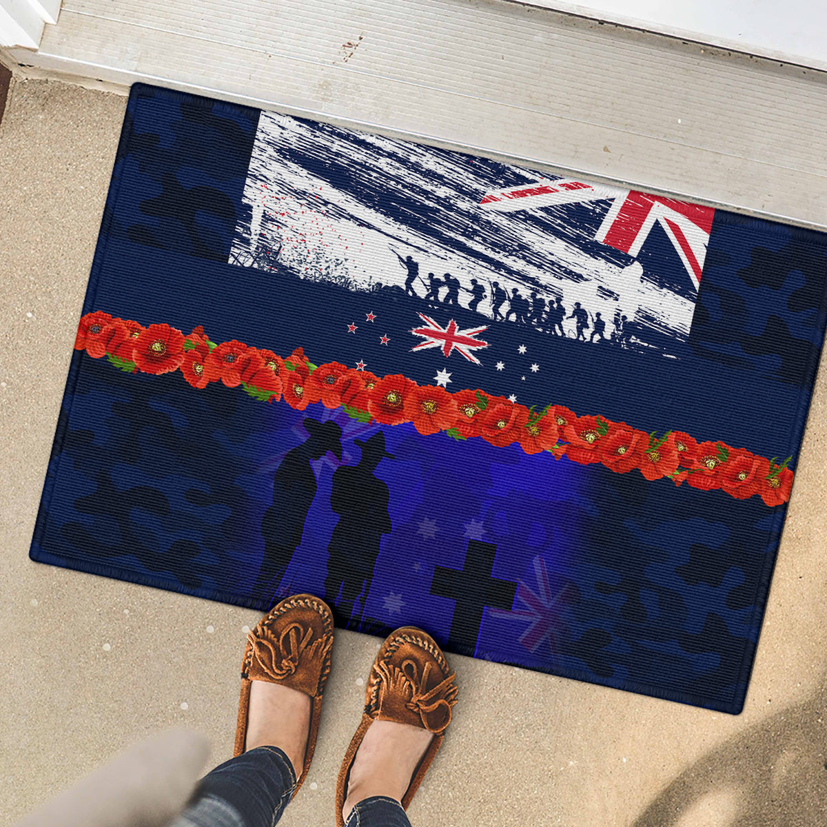 New Zealand and Australia ANZAC Day Rubber Doormat Lest We Forget Red Poppy Flowers and Soldier LT03 - Polynesian Pride