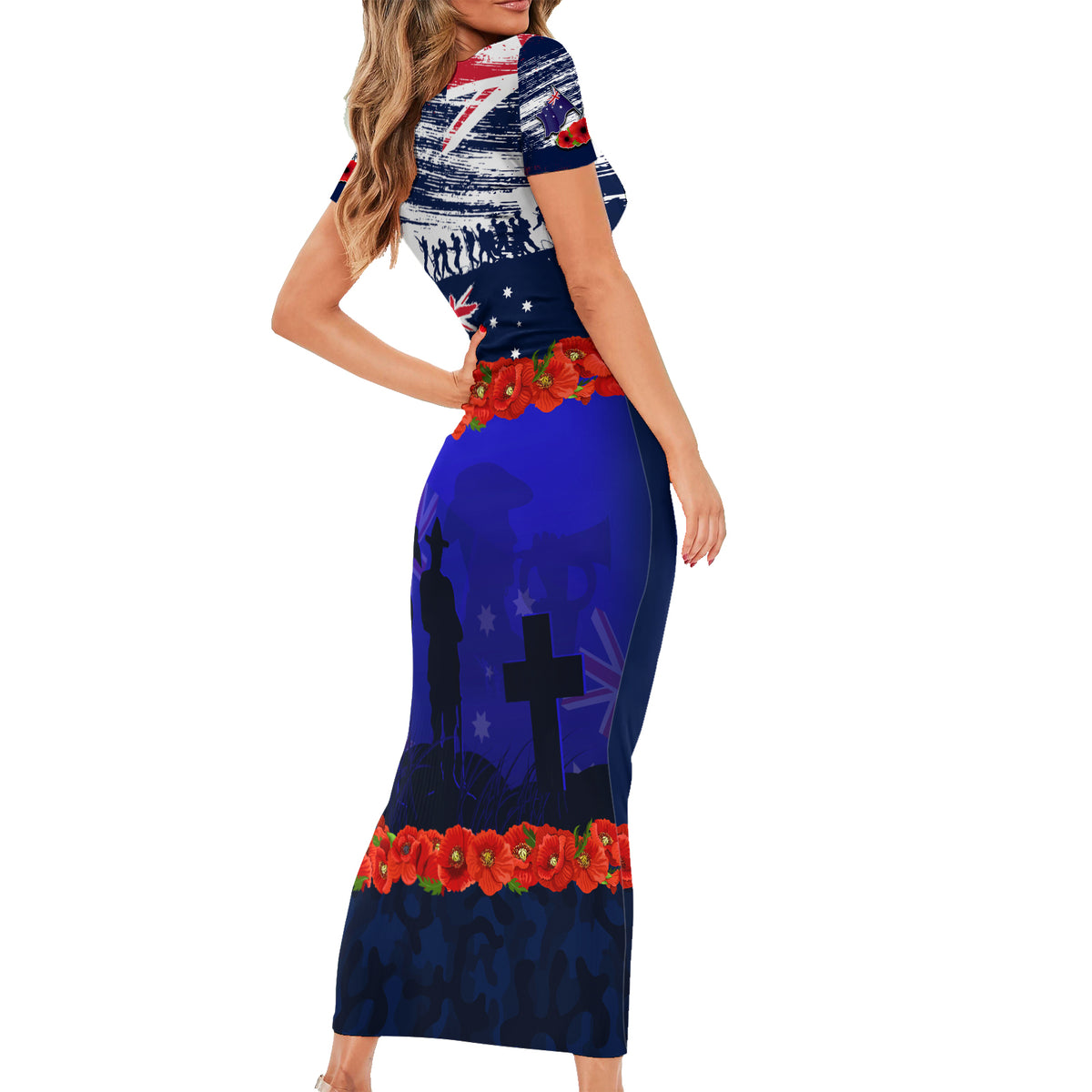 New Zealand and Australia ANZAC Day Short Sleeve Bodycon Dress Lest We Forget Red Poppy Flowers and Soldier LT03 - Polynesian Pride