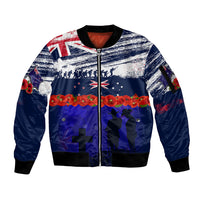 New Zealand and Australia ANZAC Day Sleeve Zip Bomber Jacket Lest We Forget Red Poppy Flowers and Soldier LT03 Unisex Blue - Polynesian Pride