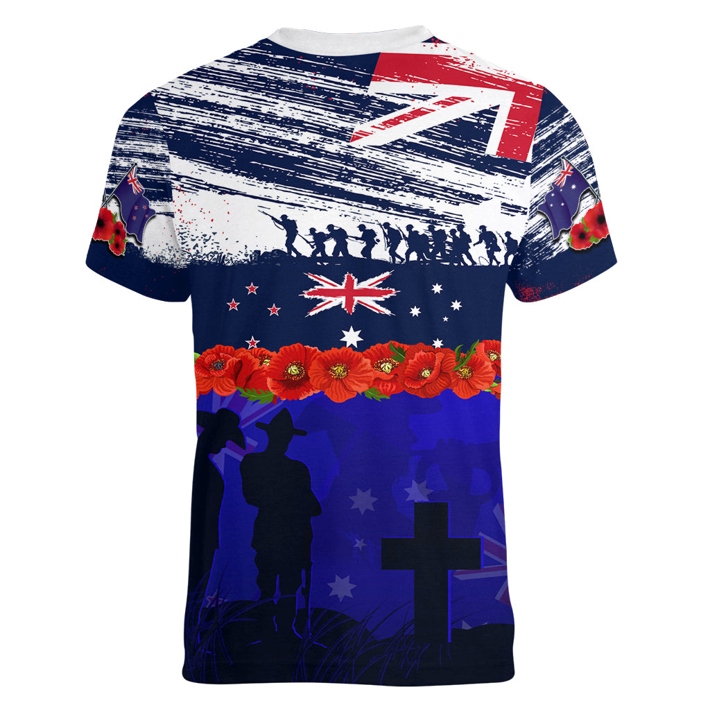New Zealand and Australia ANZAC Day Women V Neck T Shirt Lest We Forget Red Poppy Flowers and Soldier LT03 - Polynesian Pride