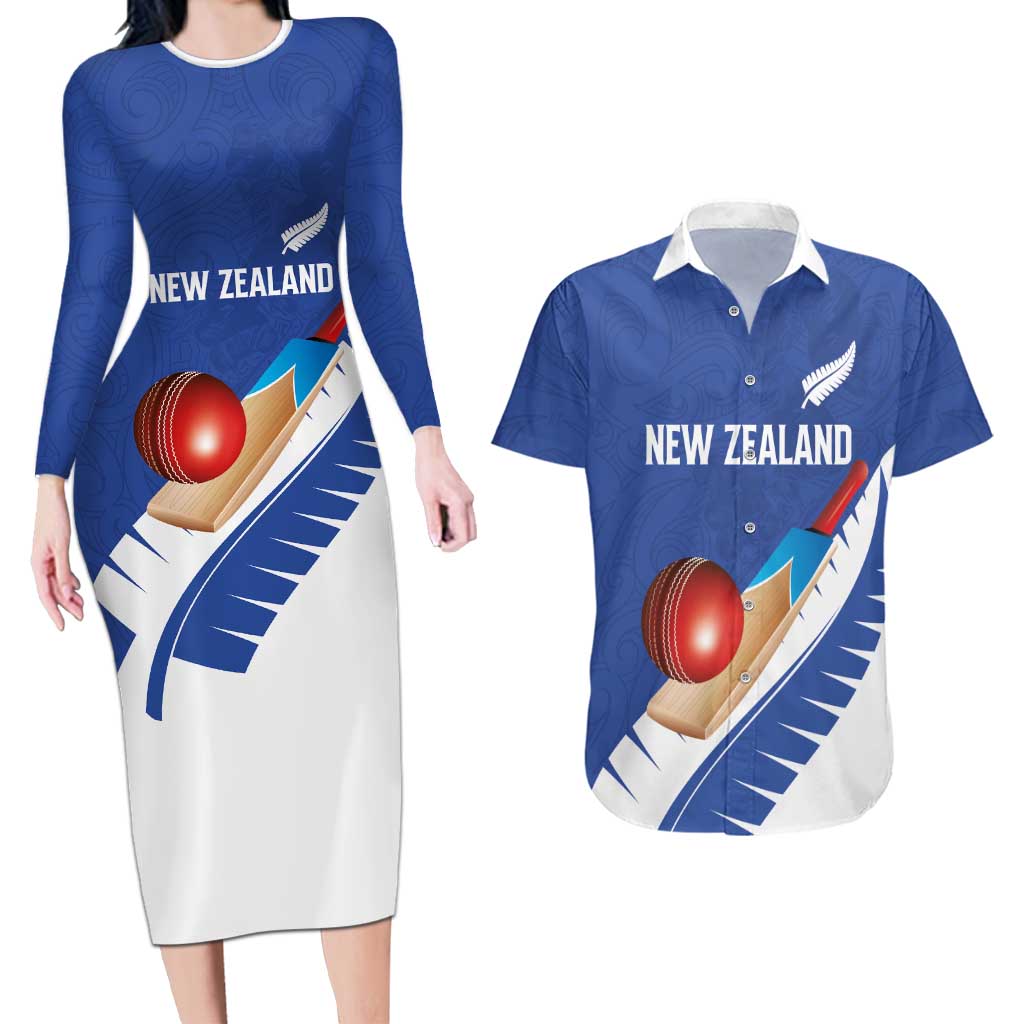 Custom New Zealand Cricket Couples Matching Long Sleeve Bodycon Dress and Hawaiian Shirt Kiwi Birds Haka Dance Blue Fern Sporty Style