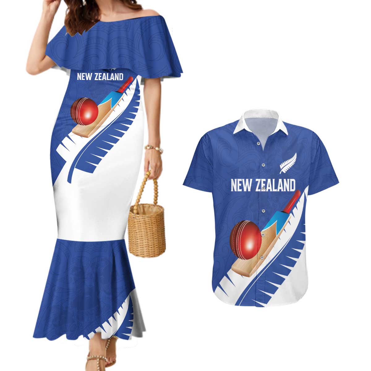 Custom New Zealand Cricket Couples Matching Mermaid Dress and Hawaiian Shirt Kiwi Birds Haka Dance Blue Fern Sporty Style