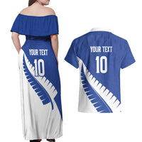 Custom New Zealand Cricket Couples Matching Off Shoulder Maxi Dress and Hawaiian Shirt Kiwi Birds Haka Dance Blue Fern Sporty Style