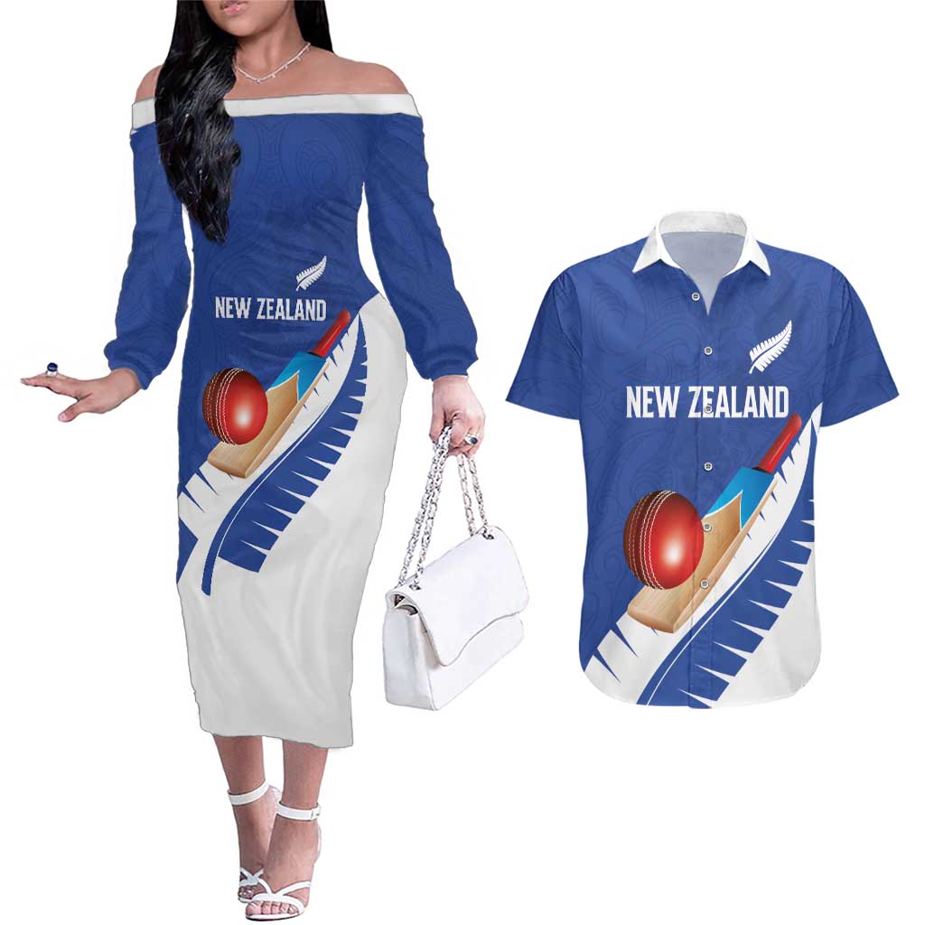 Custom New Zealand Cricket Couples Matching Off The Shoulder Long Sleeve Dress and Hawaiian Shirt Kiwi Birds Haka Dance Blue Fern Sporty Style