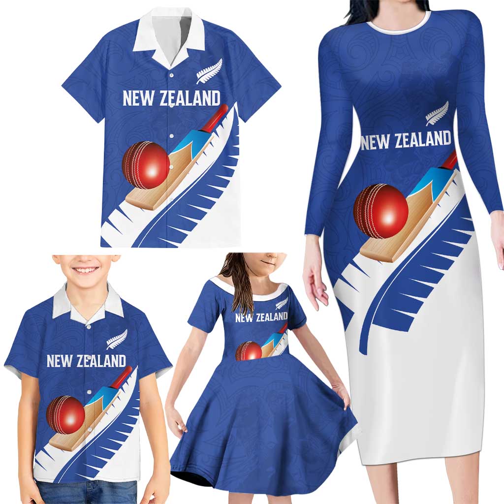 Custom New Zealand Cricket Family Matching Long Sleeve Bodycon Dress and Hawaiian Shirt Kiwi Birds Haka Dance Blue Fern Sporty Style