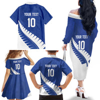 Custom New Zealand Cricket Family Matching Off The Shoulder Long Sleeve Dress and Hawaiian Shirt Kiwi Birds Haka Dance Blue Fern Sporty Style