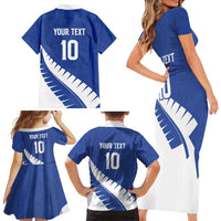 Custom New Zealand Cricket Family Matching Short Sleeve Bodycon Dress and Hawaiian Shirt Kiwi Birds Haka Dance Blue Fern Sporty Style