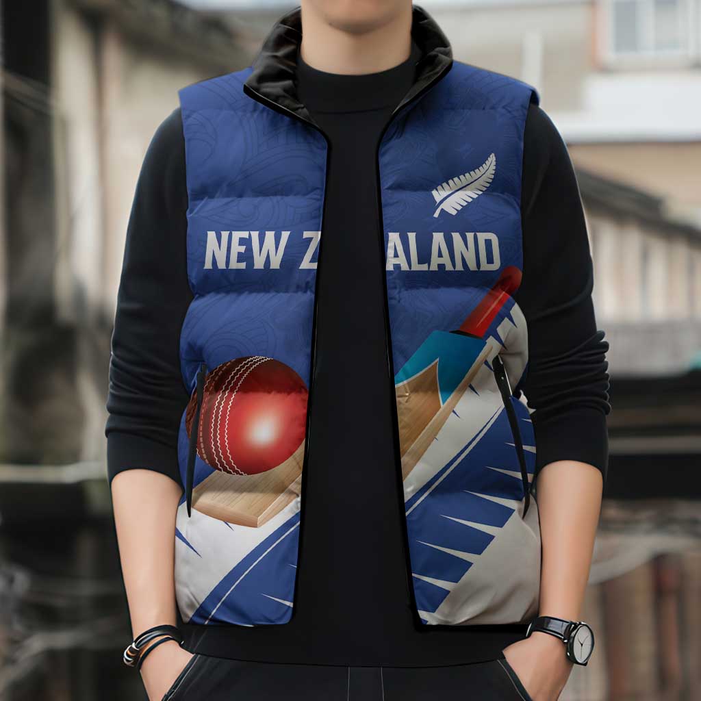 Custom New Zealand Cricket Sleeveless Puffer Jacket Kiwi Birds Haka Dance Blue Fern Sporty Style
