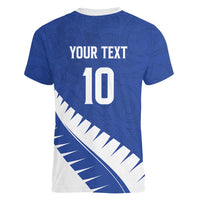 Custom New Zealand Cricket Women V-Neck T-Shirt Kiwi Birds Haka Dance Blue Fern Sporty Style