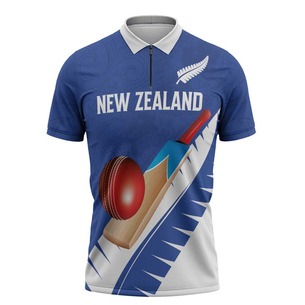 Custom New Zealand Cricket Zipper Polo Shirt Kiwi Birds Haka Dance Blue Fern Sporty Style