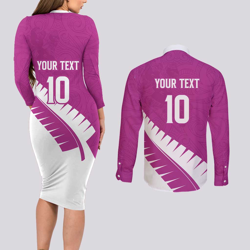 Custom New Zealand Cricket Couples Matching Long Sleeve Bodycon Dress and Long Sleeve Button Shirt Kiwi Birds Haka Dance Pink Fern Sporty Style