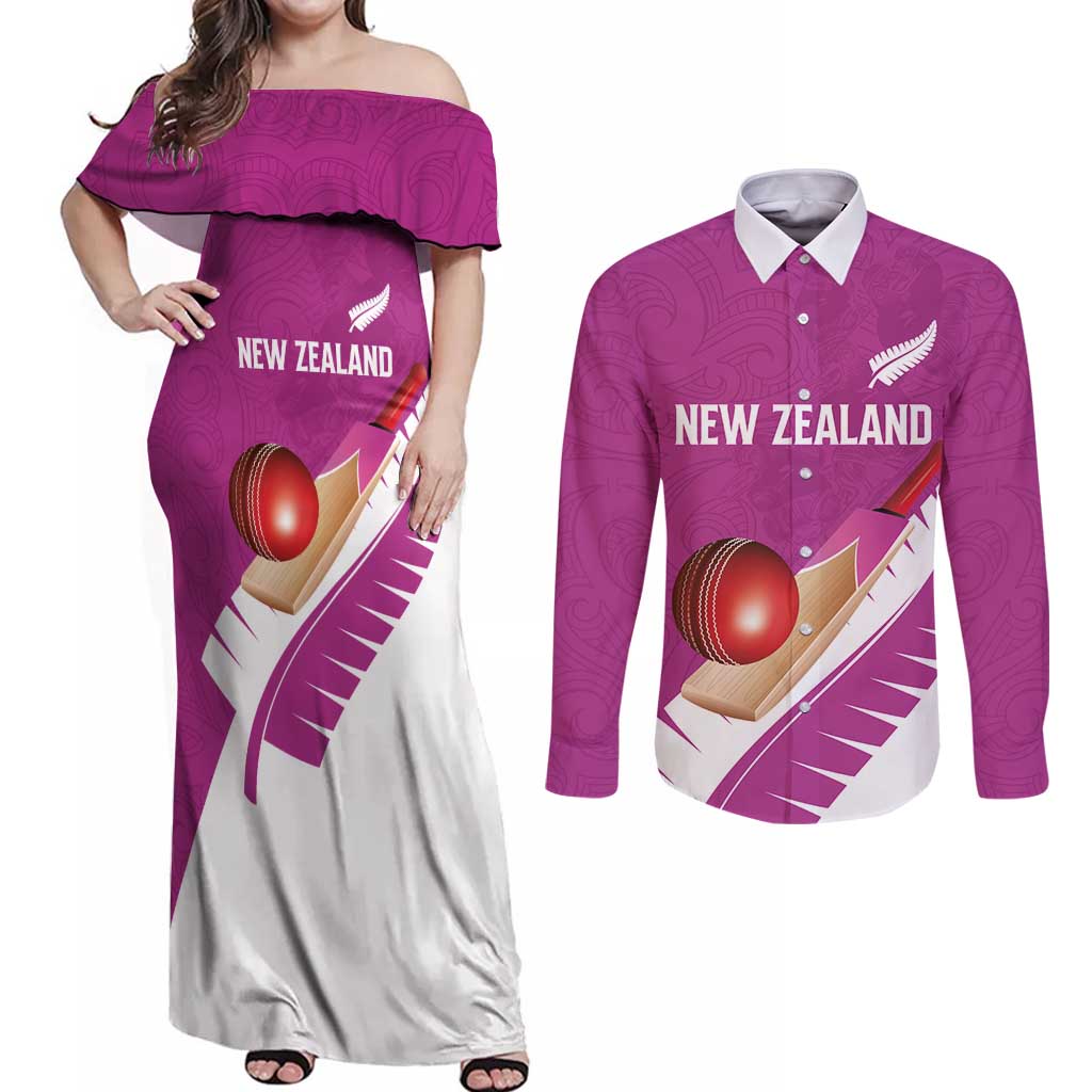 Custom New Zealand Cricket Couples Matching Off Shoulder Maxi Dress and Long Sleeve Button Shirt Kiwi Birds Haka Dance Pink Fern Sporty Style LT03 Pink - Polynesian Pride