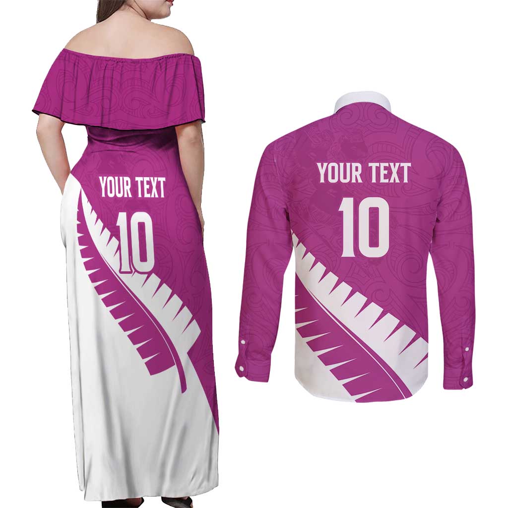 Custom New Zealand Cricket Couples Matching Off Shoulder Maxi Dress and Long Sleeve Button Shirt Kiwi Birds Haka Dance Pink Fern Sporty Style LT03 - Polynesian Pride