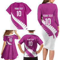 Custom New Zealand Cricket Family Matching Long Sleeve Bodycon Dress and Hawaiian Shirt Kiwi Birds Haka Dance Pink Fern Sporty Style
