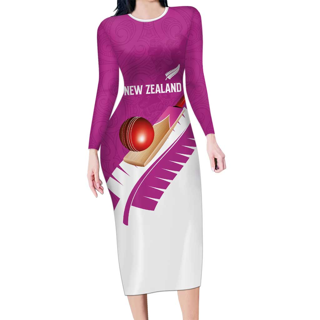 Custom New Zealand Cricket Family Matching Long Sleeve Bodycon Dress and Hawaiian Shirt Kiwi Birds Haka Dance Pink Fern Sporty Style