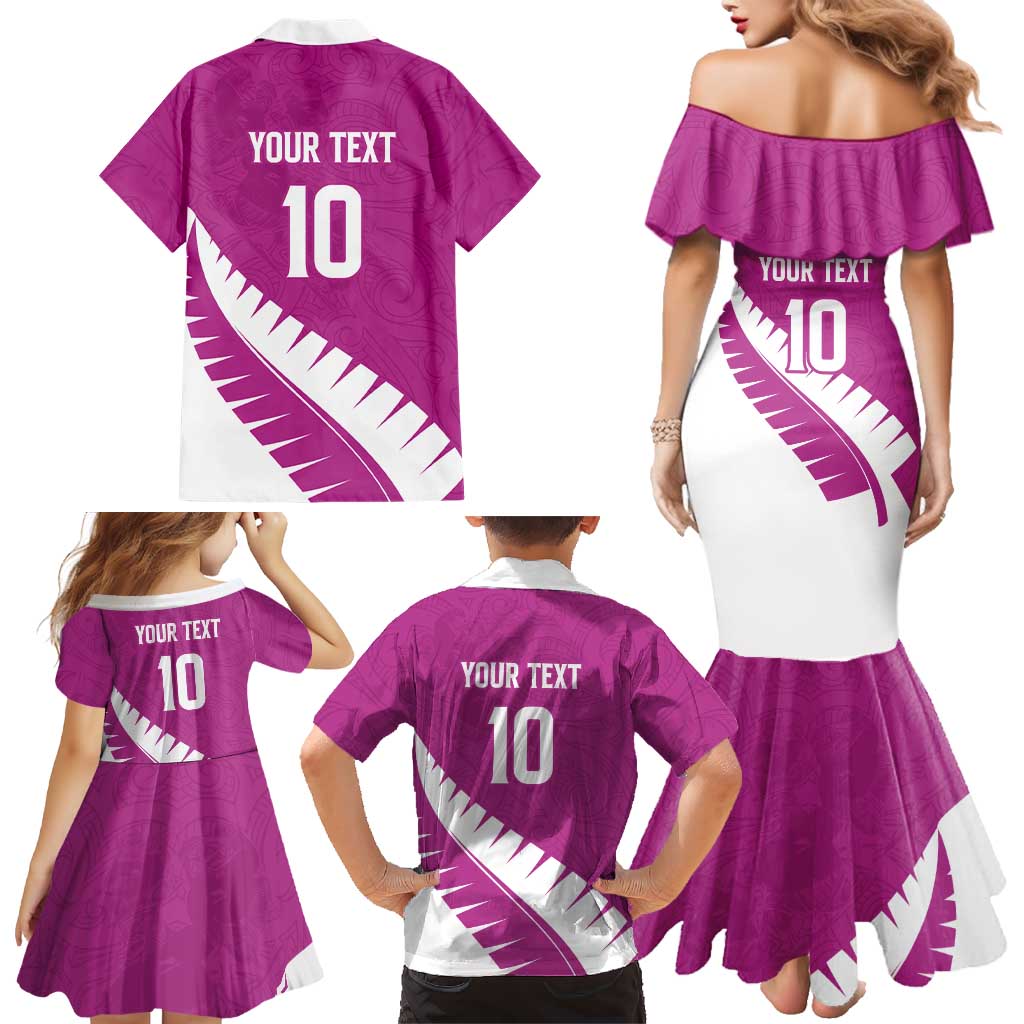 Custom New Zealand Cricket Family Matching Mermaid Dress and Hawaiian Shirt Kiwi Birds Haka Dance Pink Fern Sporty Style