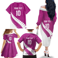 Custom New Zealand Cricket Family Matching Off The Shoulder Long Sleeve Dress and Hawaiian Shirt Kiwi Birds Haka Dance Pink Fern Sporty Style