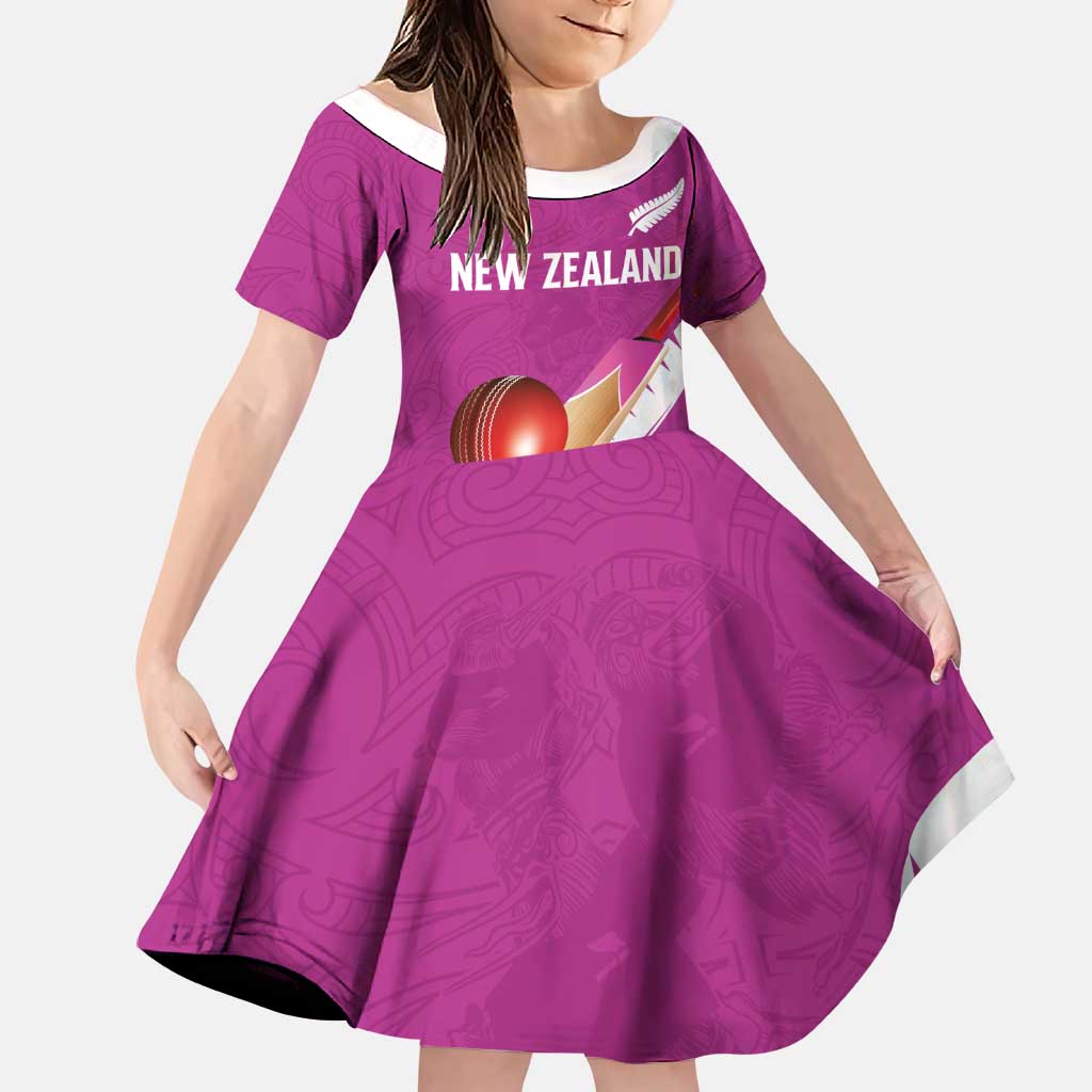 Custom New Zealand Cricket Family Matching Off Shoulder Maxi Dress and Hawaiian Shirt Kiwi Birds Haka Dance Pink Fern Sporty Style LT03 Daughter's Dress Pink - Polynesian Pride