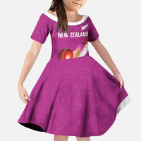 Custom New Zealand Cricket Family Matching Off Shoulder Maxi Dress and Hawaiian Shirt Kiwi Birds Haka Dance Pink Fern Sporty Style LT03 Daughter's Dress Pink - Polynesian Pride