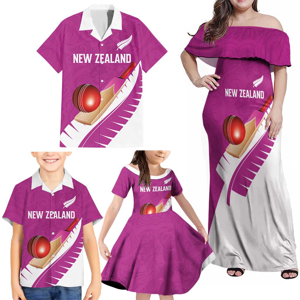 Custom New Zealand Cricket Family Matching Off Shoulder Maxi Dress and Hawaiian Shirt Kiwi Birds Haka Dance Pink Fern Sporty Style LT03 - Polynesian Pride