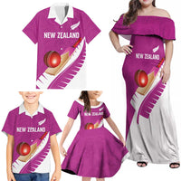 Custom New Zealand Cricket Family Matching Off Shoulder Maxi Dress and Hawaiian Shirt Kiwi Birds Haka Dance Pink Fern Sporty Style LT03 - Polynesian Pride