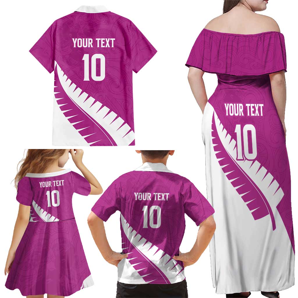 Custom New Zealand Cricket Family Matching Off Shoulder Maxi Dress and Hawaiian Shirt Kiwi Birds Haka Dance Pink Fern Sporty Style LT03 - Polynesian Pride